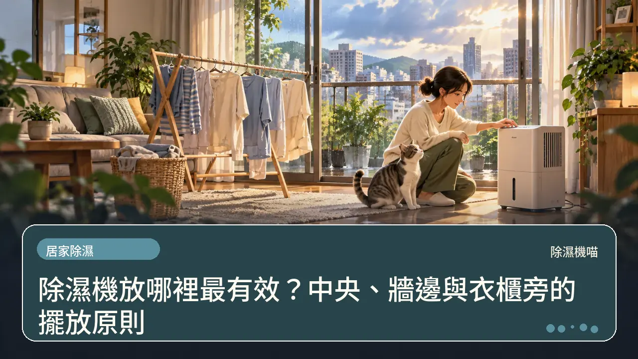 除濕機放哪裡最有效？中央、牆邊與衣櫃旁的擺放原則主題插畫