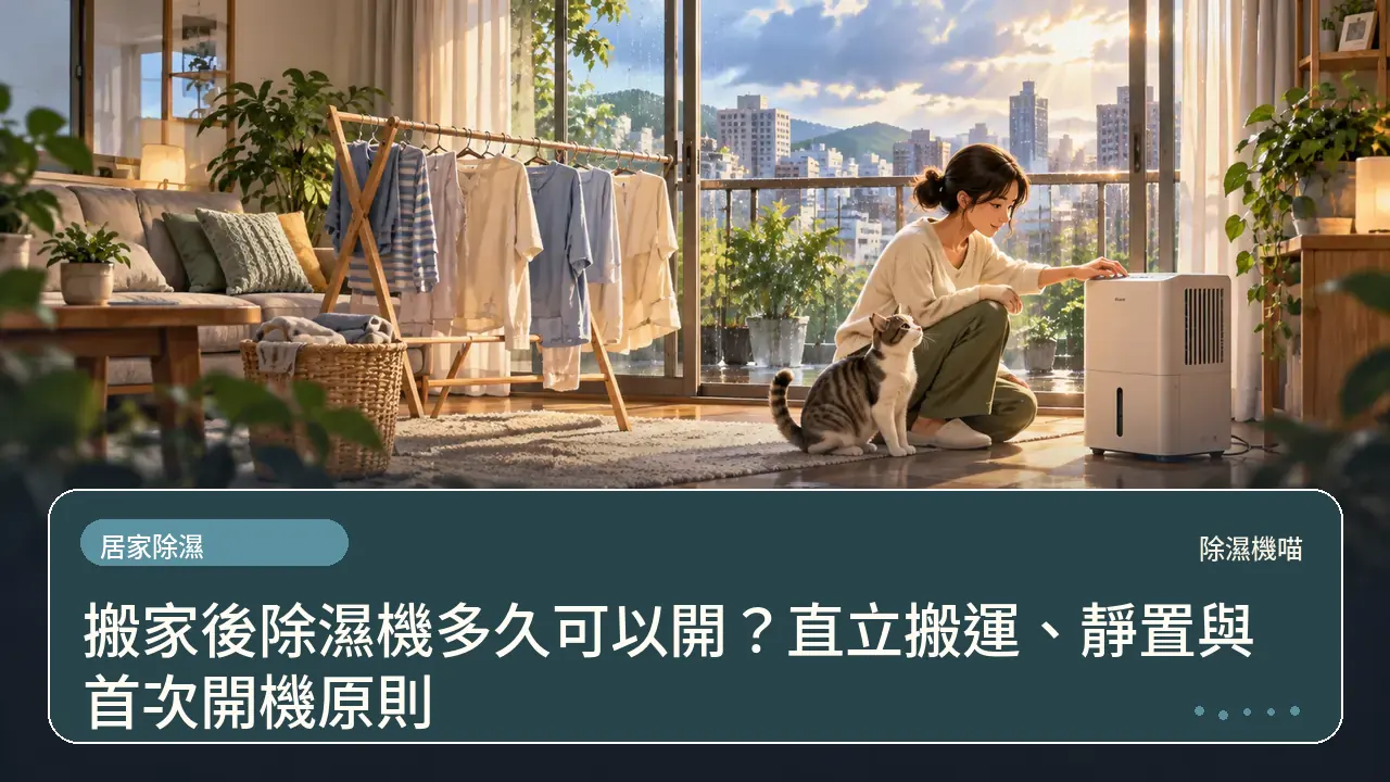 搬家後除濕機多久可以開？直立搬運、靜置與首次開機原則主題插畫