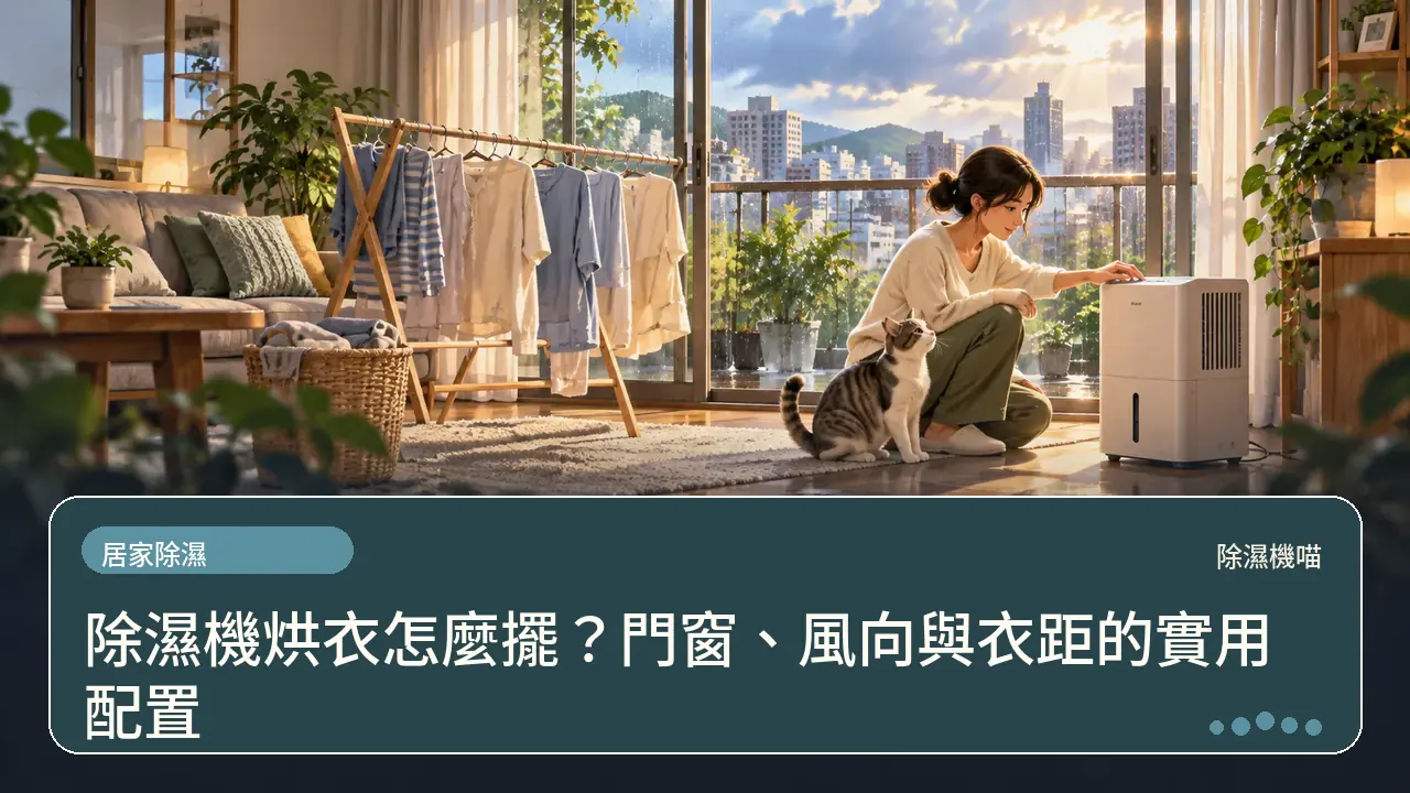 除濕機烘衣怎麼擺?門窗、風向與衣距的實用配置主題插畫