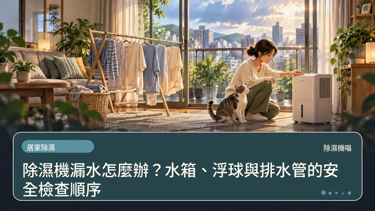 除濕機漏水怎麼辦？水箱、浮球與排水管的安全檢查順序主題插畫