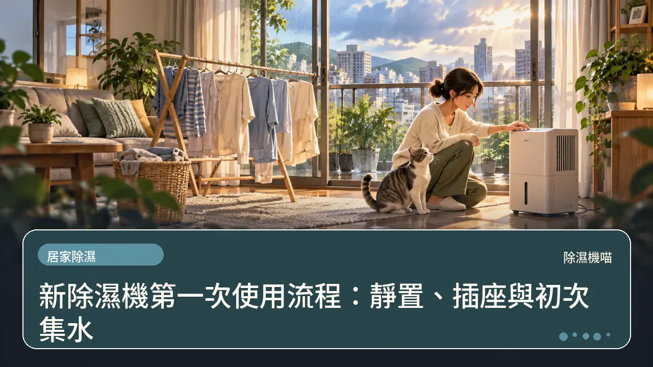 新除濕機第一次使用流程：靜置、插座與初次集水主題插畫