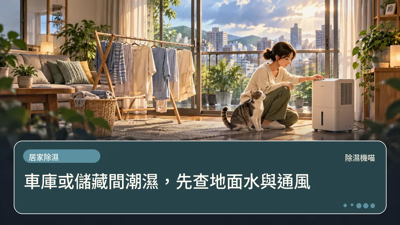 車庫或儲藏間潮濕，先查地面水與通風主題插畫