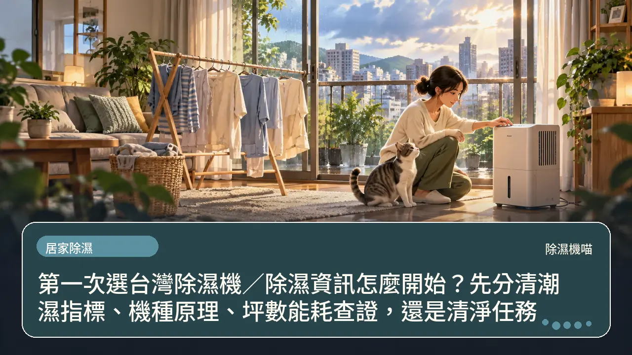 第一次選台灣除濕機／除濕資訊怎麼開始？先分清潮濕指標、機種原理、坪數能耗查證，還是清淨任務主題插畫